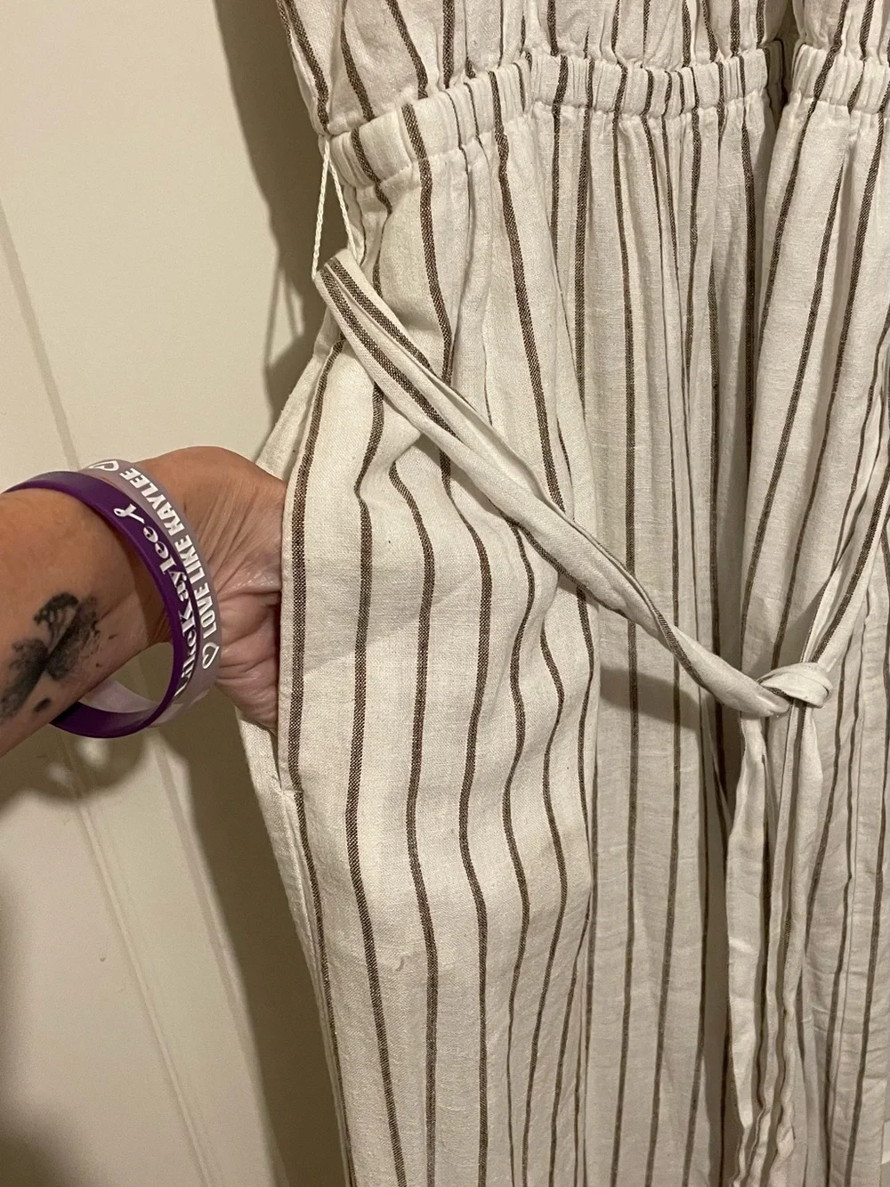 Banana Republic White and Brown Striped Linen/Rayon Wide-Leg Jumpsuit